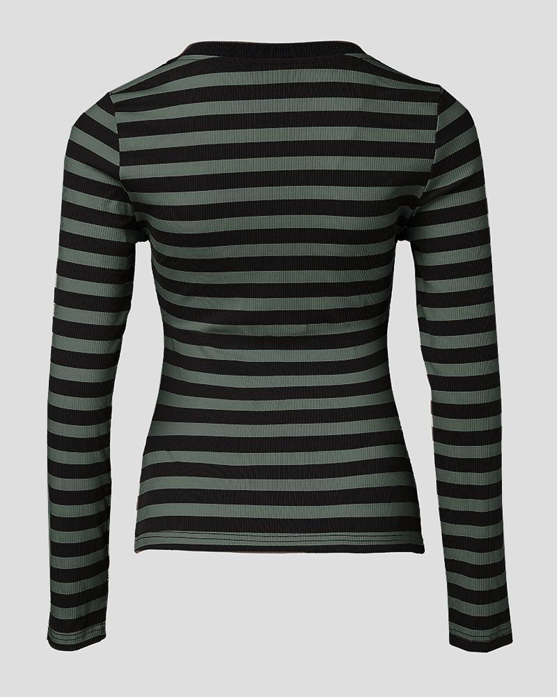 Striped Long Sleeve Crewneck Tops Button Front Ribbed Slim Fit Casual Basic Tees Tops