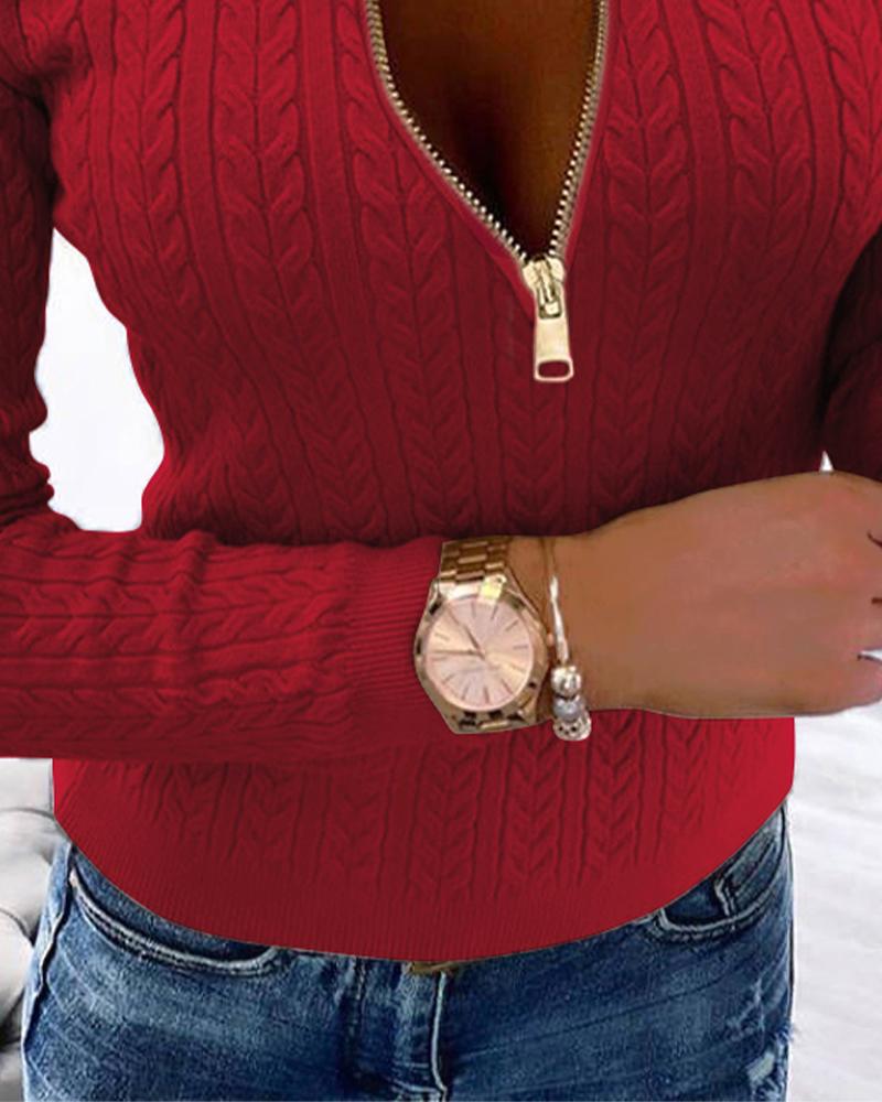 Crewneck Long Sleeve Ribbed Top Half Zipper Design Casual Pullover Tops