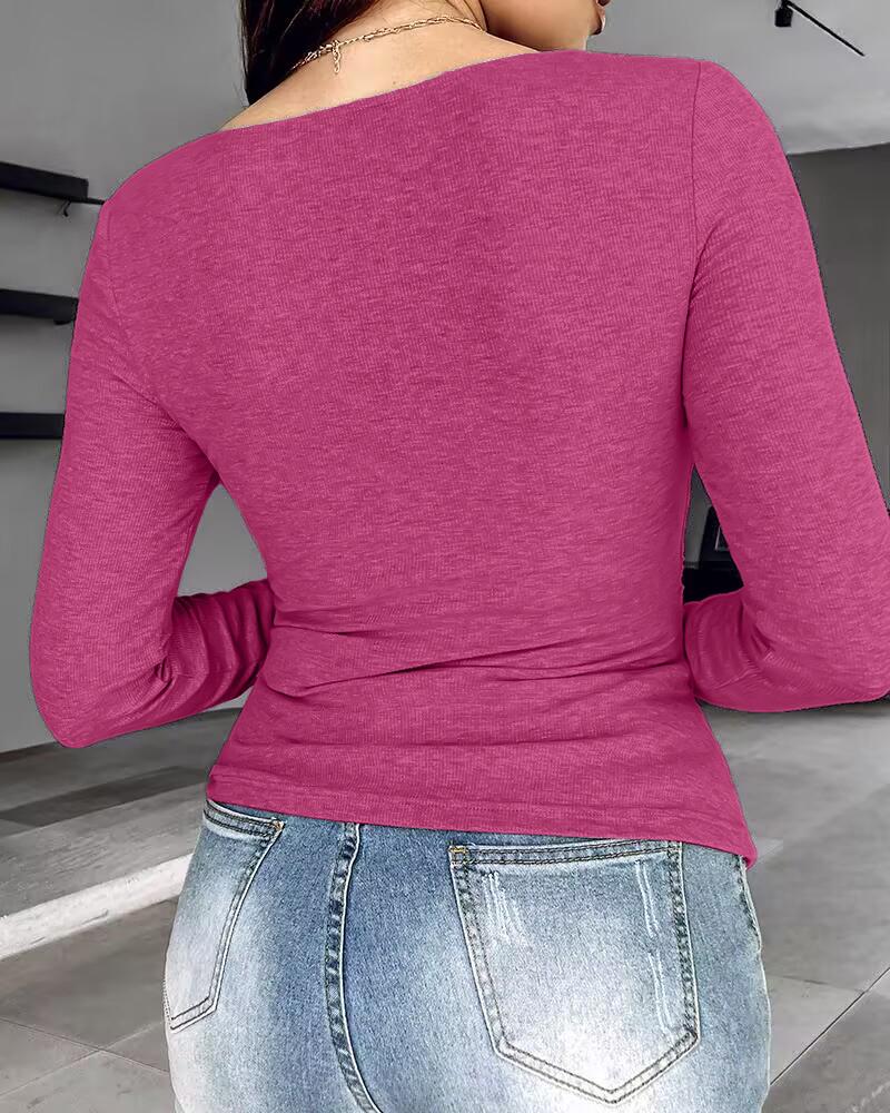 Built-in Self Bra Notch Neck Long Sleeve Shirts Rib-Knit Ruched Waist Top