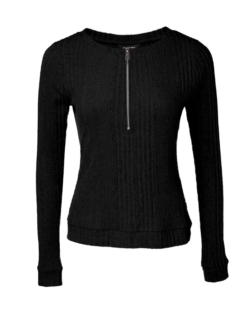 Crewneck Long Sleeve Ribbed Top Half Zipper Design Casual Pullover Tops