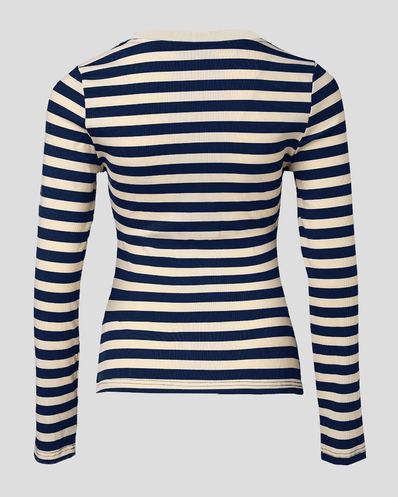 Striped Long Sleeve Crewneck Tops Button Front Ribbed Slim Fit Casual Basic Tees Tops