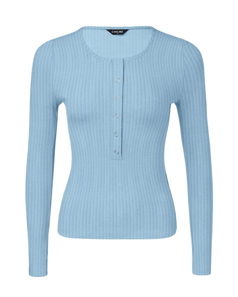 Long Sleeve Top Button Down Slim Fit Tops Crewneck Ribbed Knit Shirt