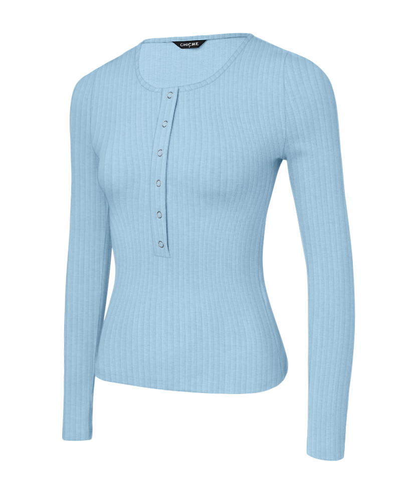 Long Sleeve Top Button Down Slim Fit Tops Crewneck Ribbed Knit Shirt