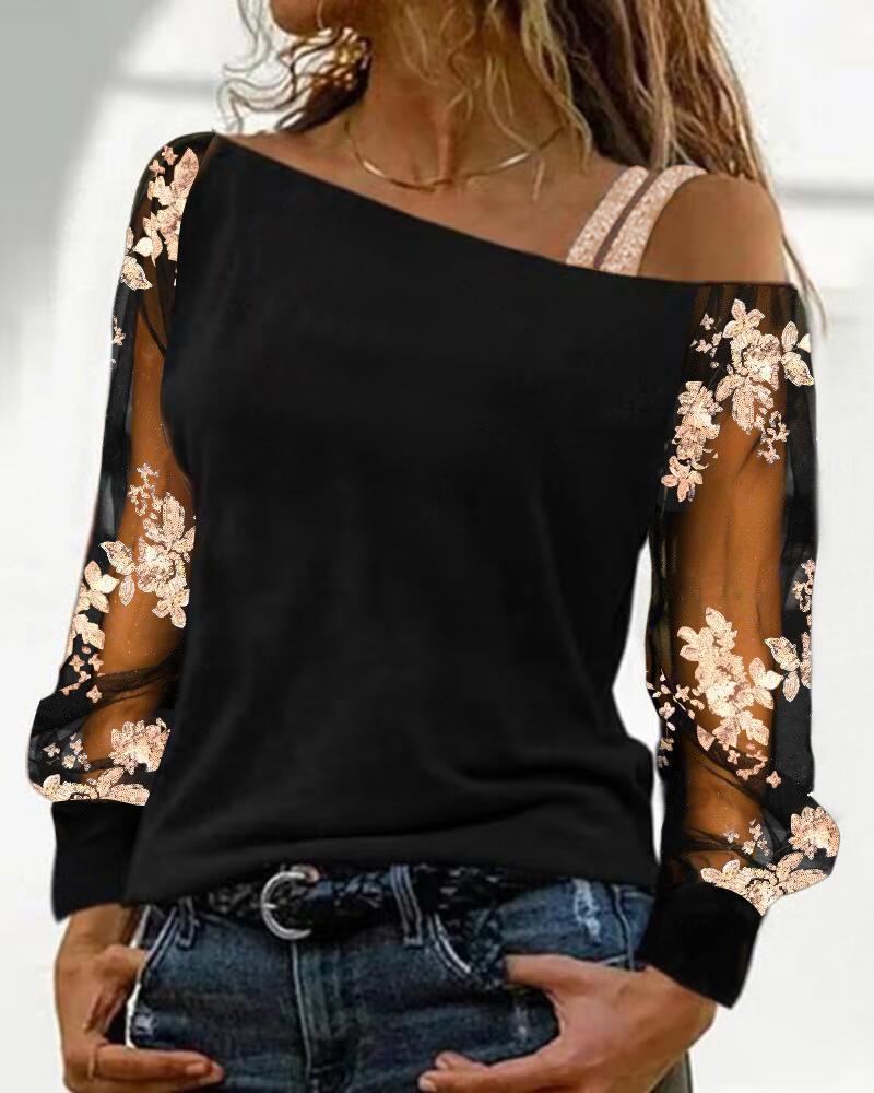 Mesh Patch Floral Sequin Cold SXhoulder Top