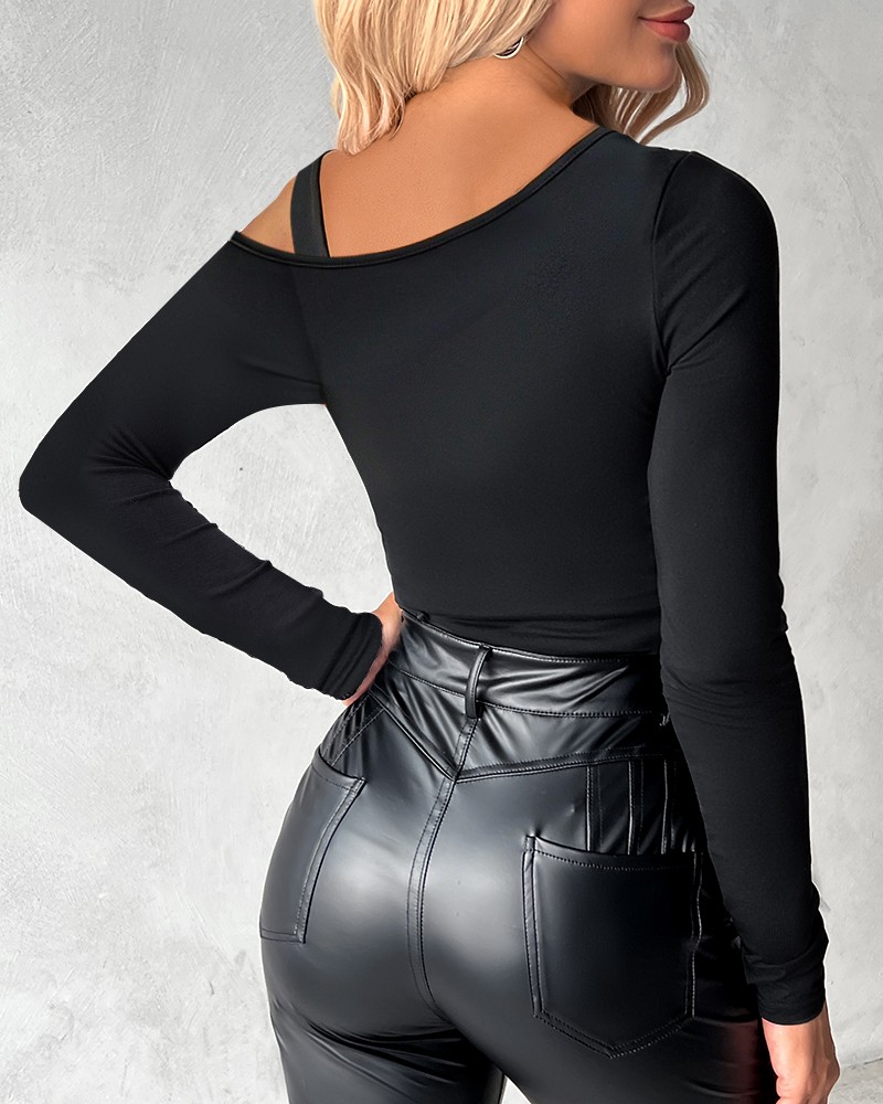 Long Sleeve Slim Fit Tops Casual Cold Shoulder Buckled Blouse Shirts