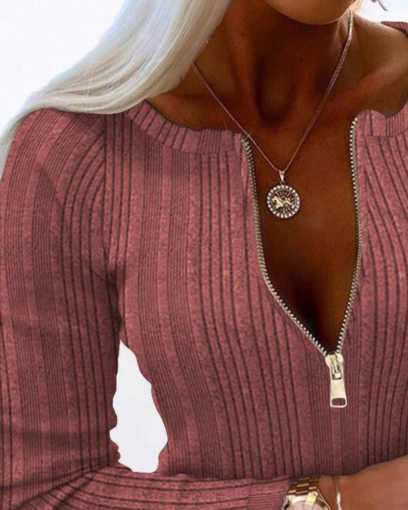 Crewneck Long Sleeve Ribbed Top Half Zipper Design Casual Pullover Tops