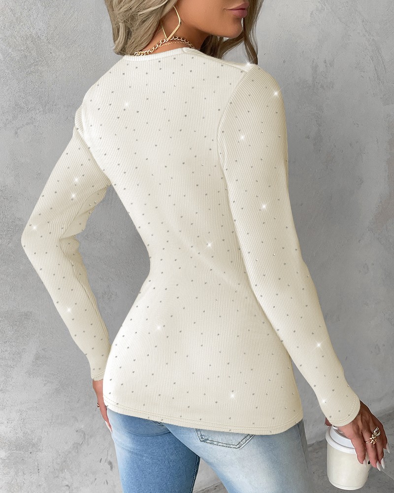 V-Neck Twisted Rhinestone Decor Slim Fit Ribbed Top