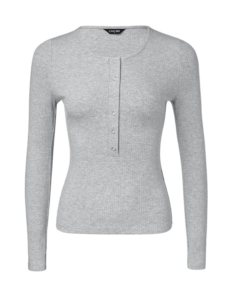 Long Sleeve Top Button Down Slim Fit Tops Crewneck Ribbed Knit Shirt