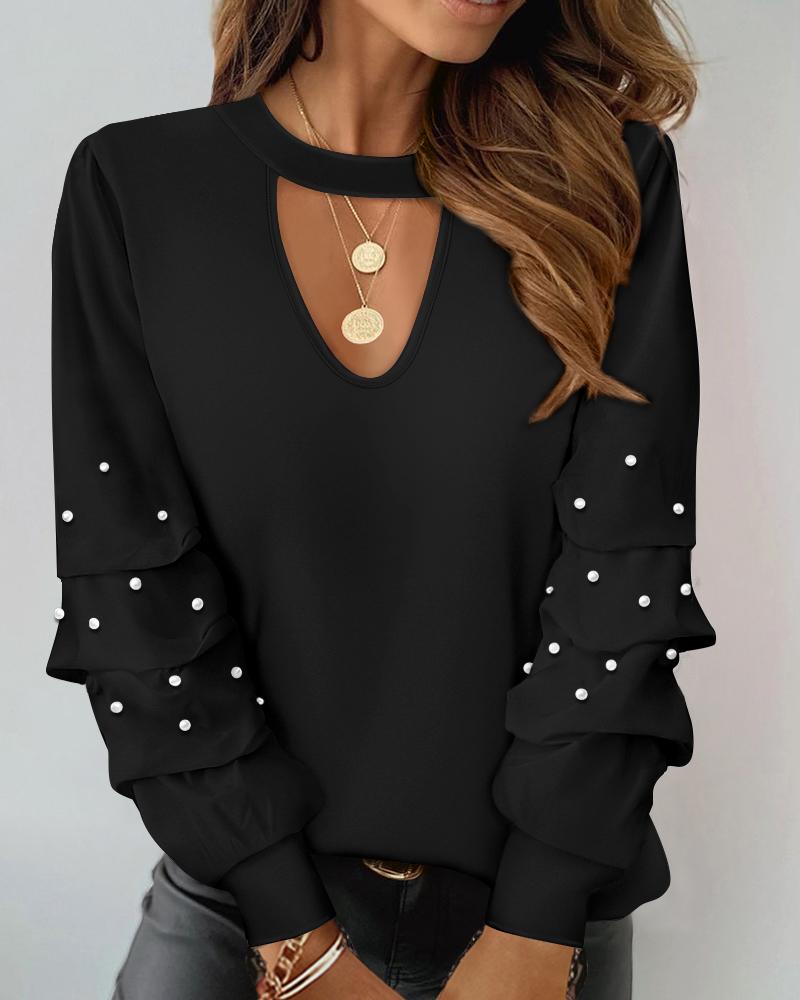 Keyhole Neck Long Sleeve Pullover Top Beaded Hollow Out Blouse Top