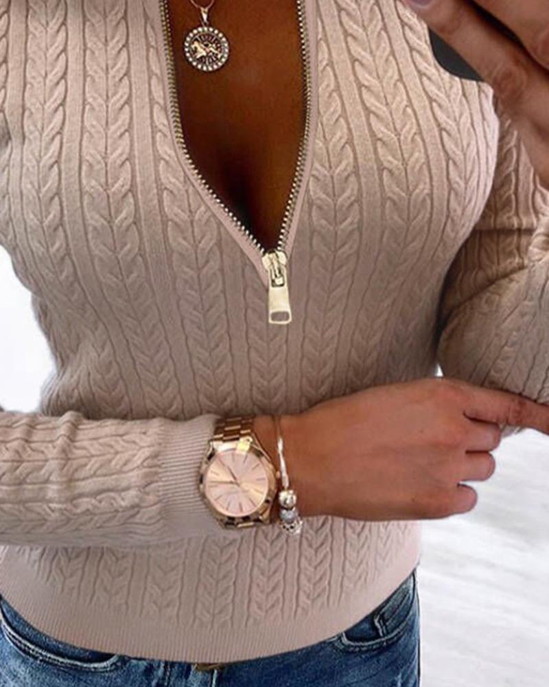 Crewneck Long Sleeve Ribbed Top Half Zipper Design Casual Pullover Tops