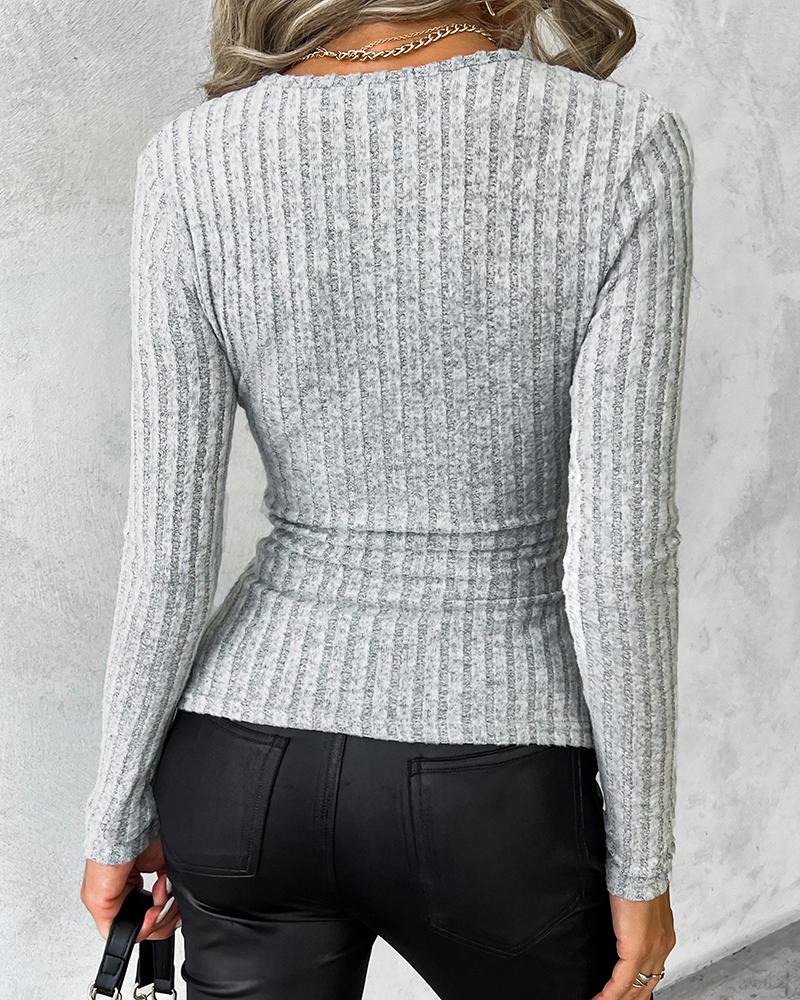 Deep V-Neck Ruched Side Button Decor Ribbed Top