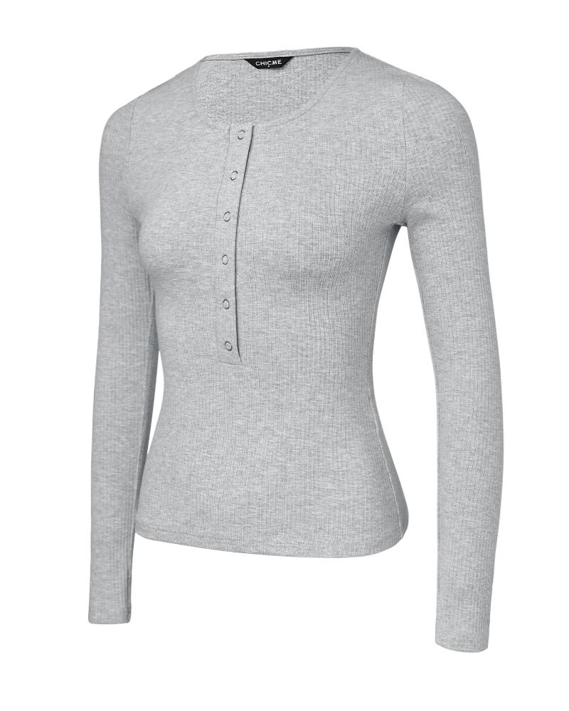 Long Sleeve Top Button Down Slim Fit Tops Crewneck Ribbed Knit Shirt
