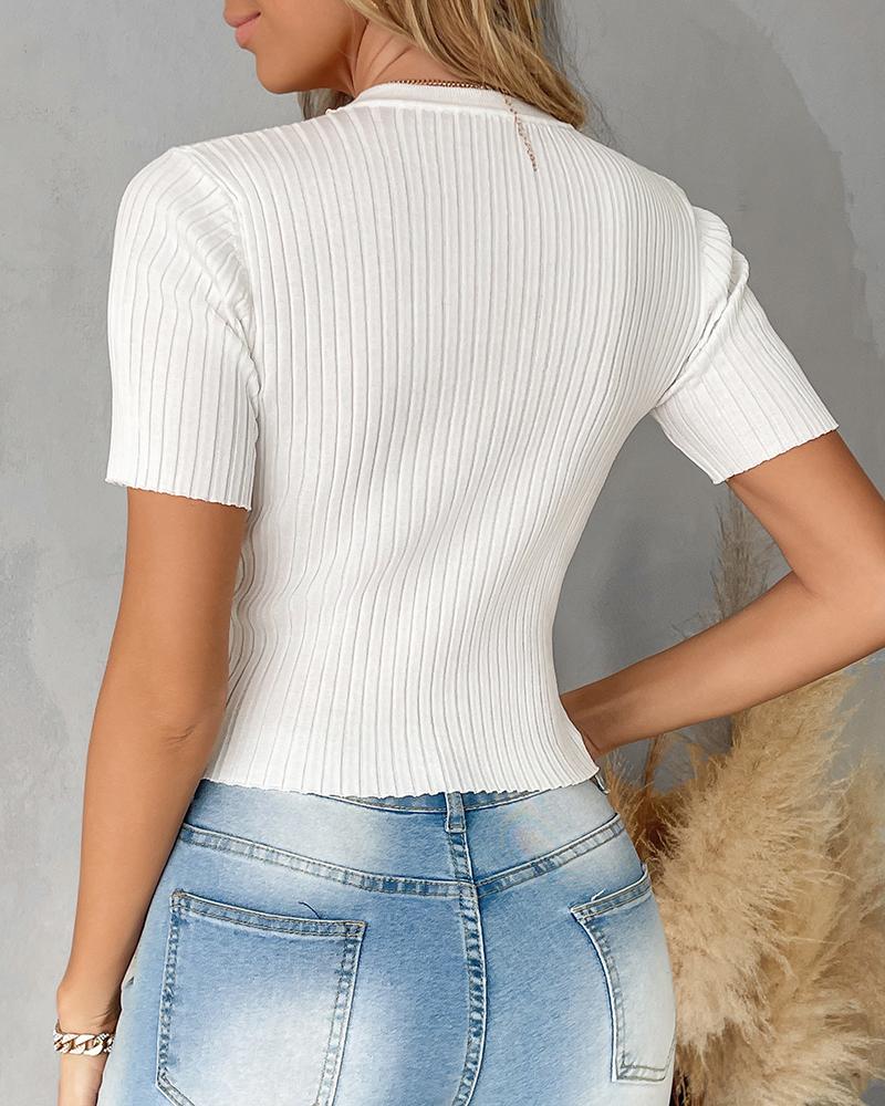 Chain Decor Zipper Design Tweed Knit Top