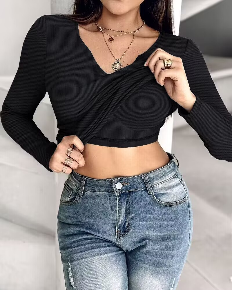 Built-in Self Bra Notch Neck Long Sleeve Shirts Rib-Knit Ruched Waist Top
