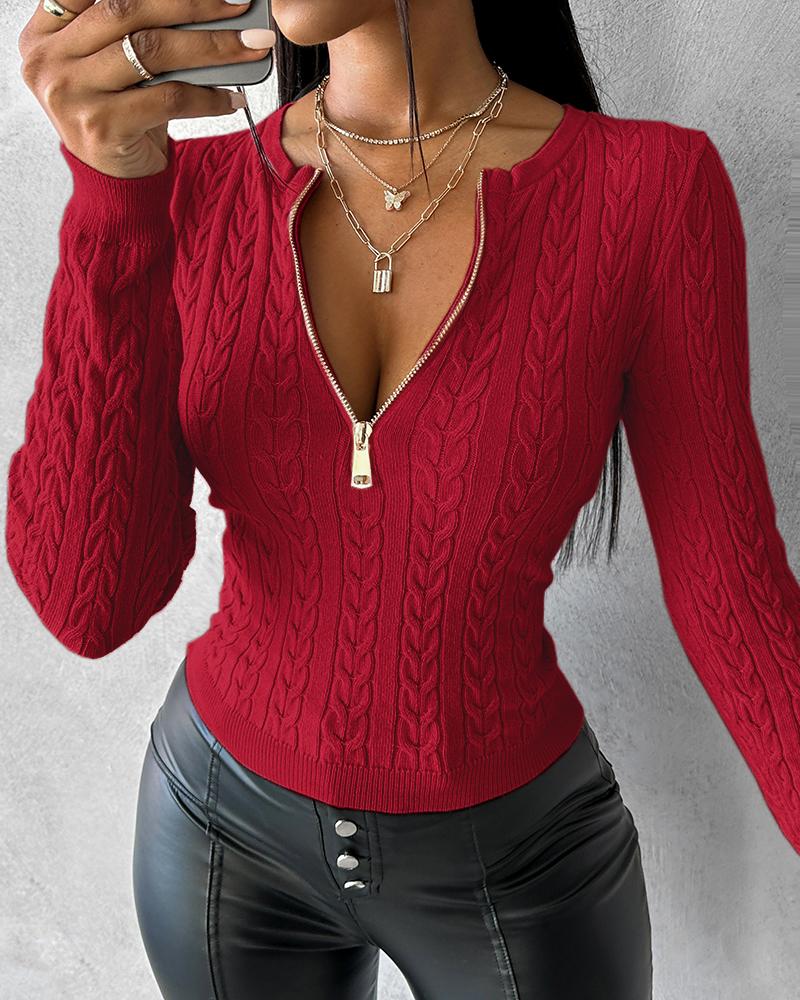 Crewneck Long Sleeve Ribbed Top Half Zipper Design Casual Pullover Tops