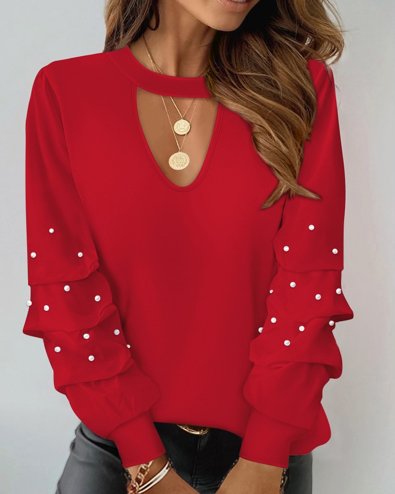 Keyhole Neck Long Sleeve Pullover Top Beaded Hollow Out Blouse Top