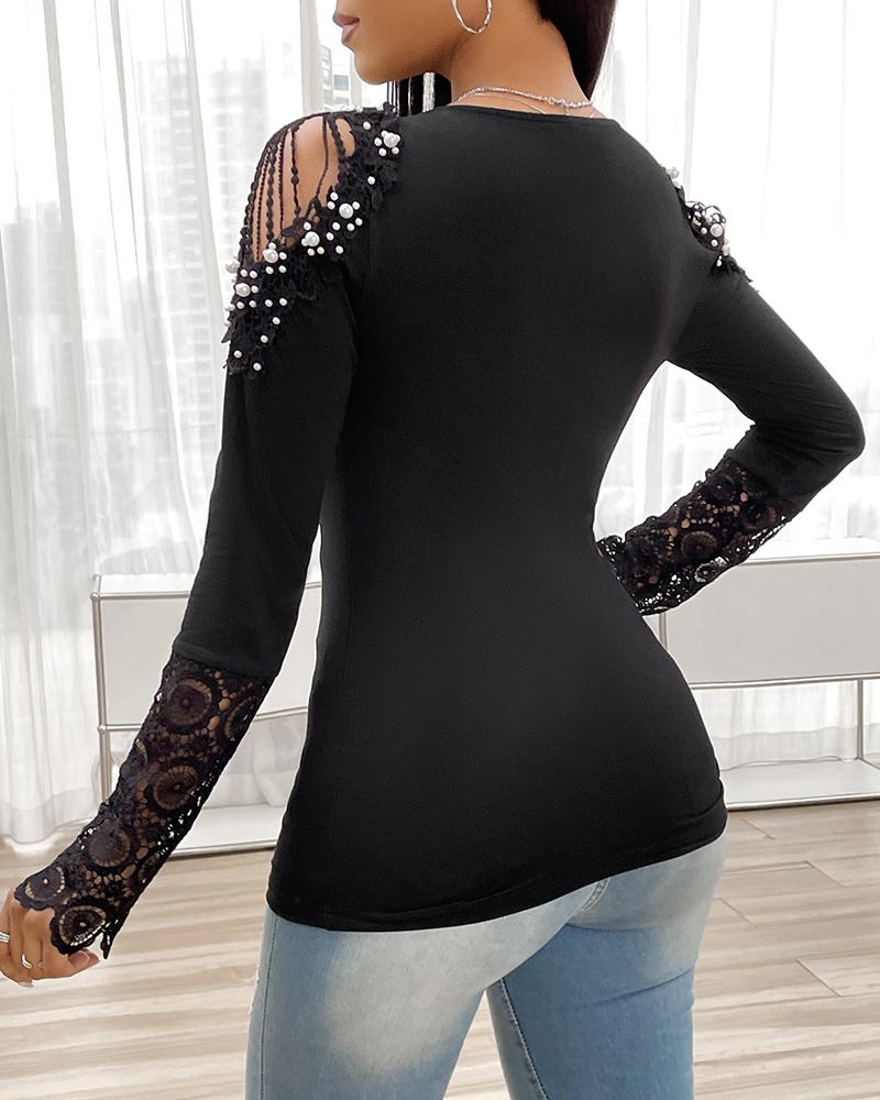 V-Neck Lace Patch Long Sleeve Top