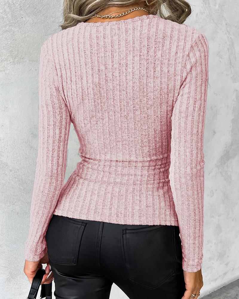 Deep V-Neck Ruched Side Button Decor Ribbed Top