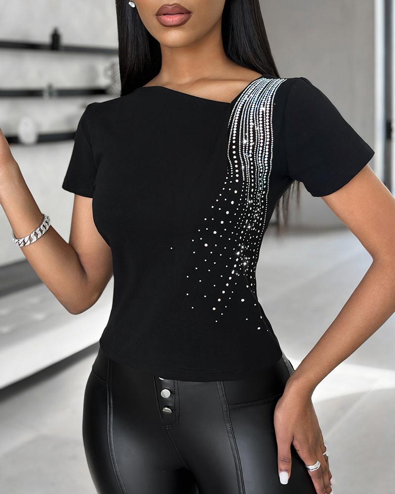 Rhinestone Decor Asymmetrical Neck T-Shirt