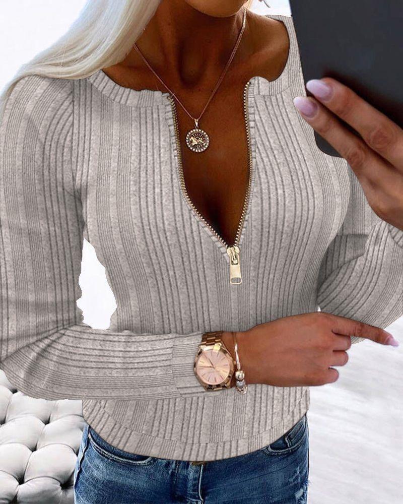 Crewneck Long Sleeve Ribbed Top Half Zipper Design Casual Pullover Tops