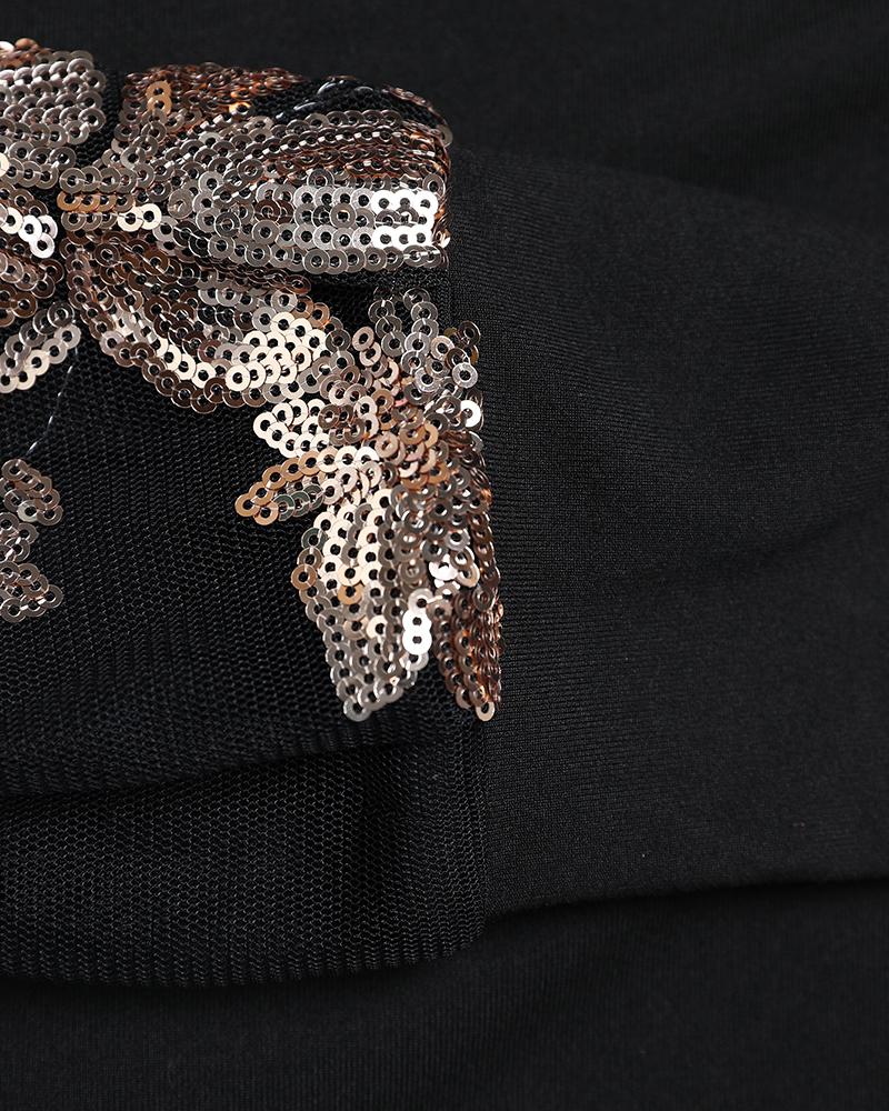 Mesh Patch Floral Sequin Cold SXhoulder Top