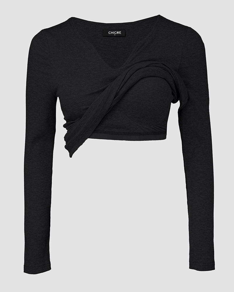 Built-in Self Bra Notch Neck Long Sleeve Shirts Rib-Knit Ruched Waist Top