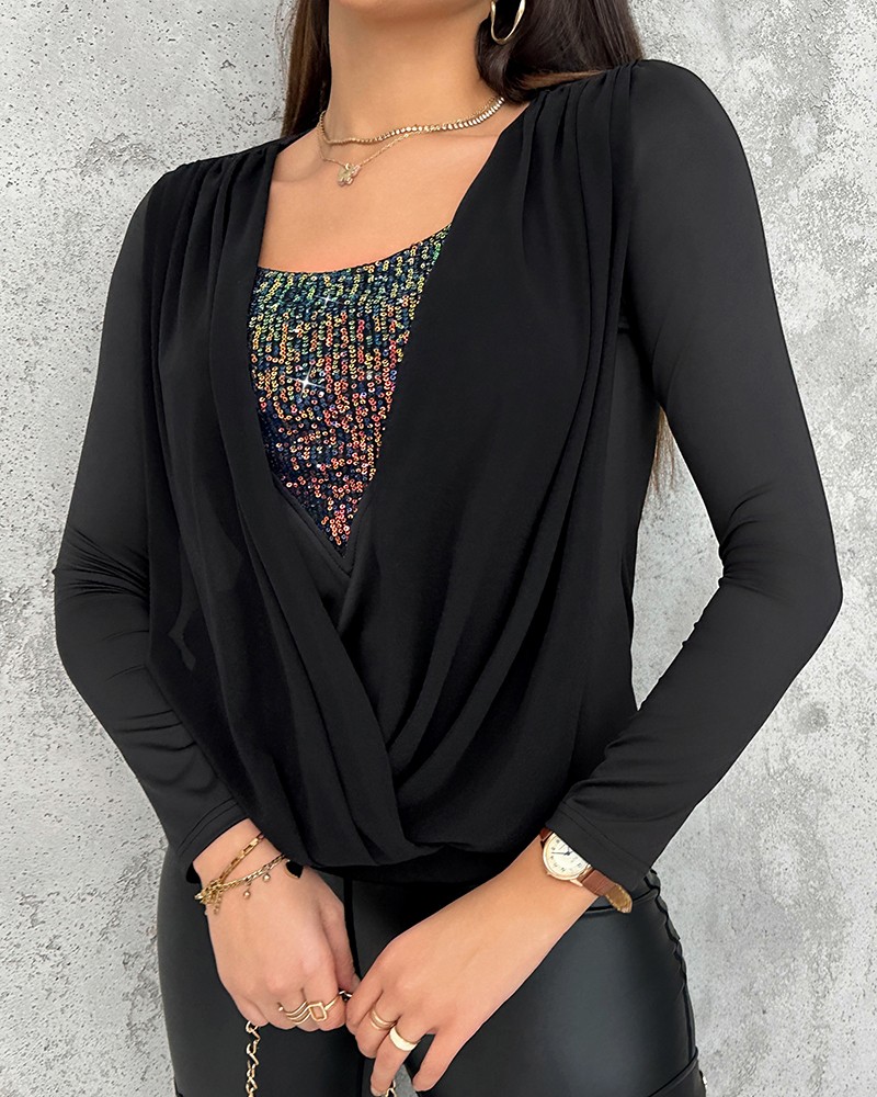 Contrast Sequin Cowl Neck Ruched Long Sleeve Top