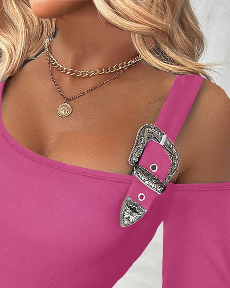 Long Sleeve Slim Fit Tops Casual Cold Shoulder Buckled Blouse Shirts