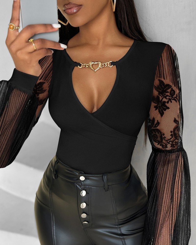 Keyhole Neck Lantern Sleeve Mesh Lace Patch Chain Decor Top