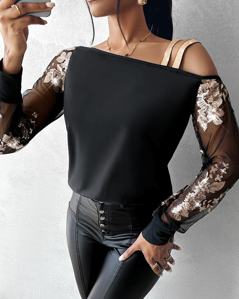 Mesh Patch Floral Sequin Cold SXhoulder Top
