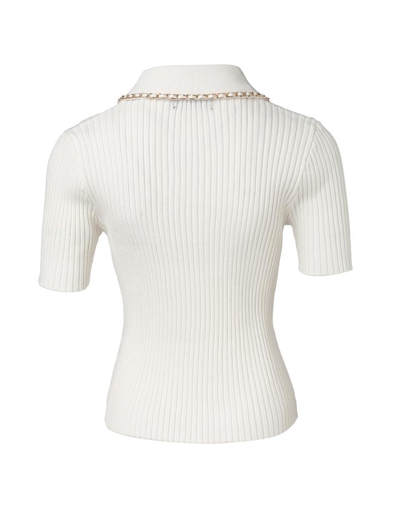 Chain Decor Zipper Design Tweed Knit Top