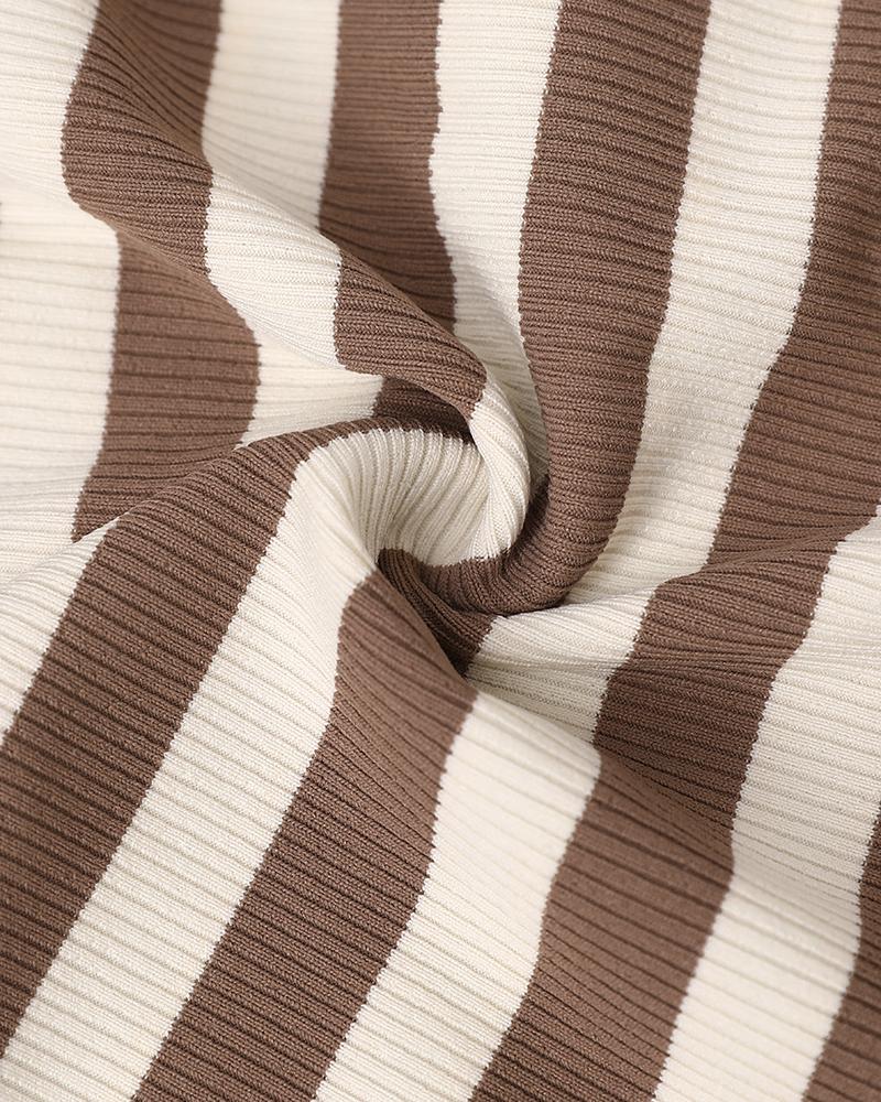 Striped Long Sleeve Crewneck Tops Button Front Ribbed Slim Fit Casual Basic Tees Tops