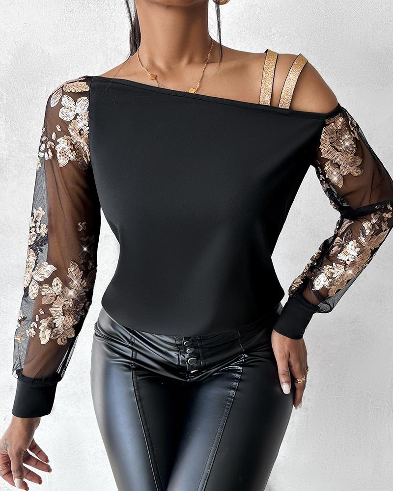 Mesh Patch Floral Sequin Cold SXhoulder Top