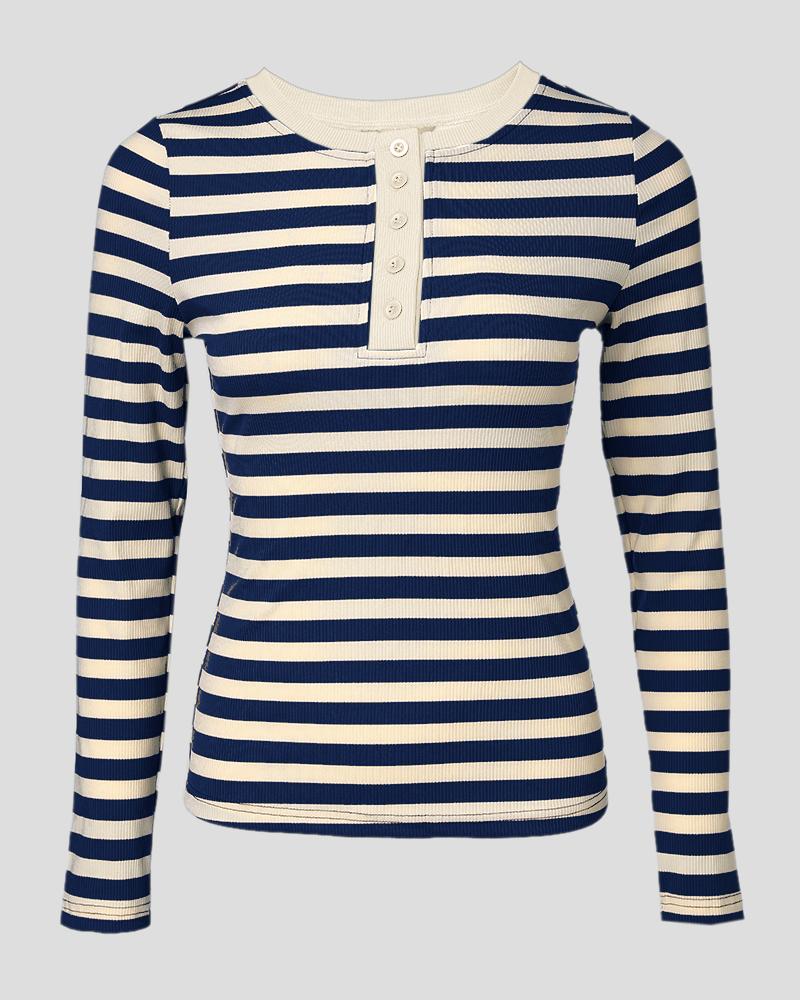 Striped Long Sleeve Crewneck Tops Button Front Ribbed Slim Fit Casual Basic Tees Tops