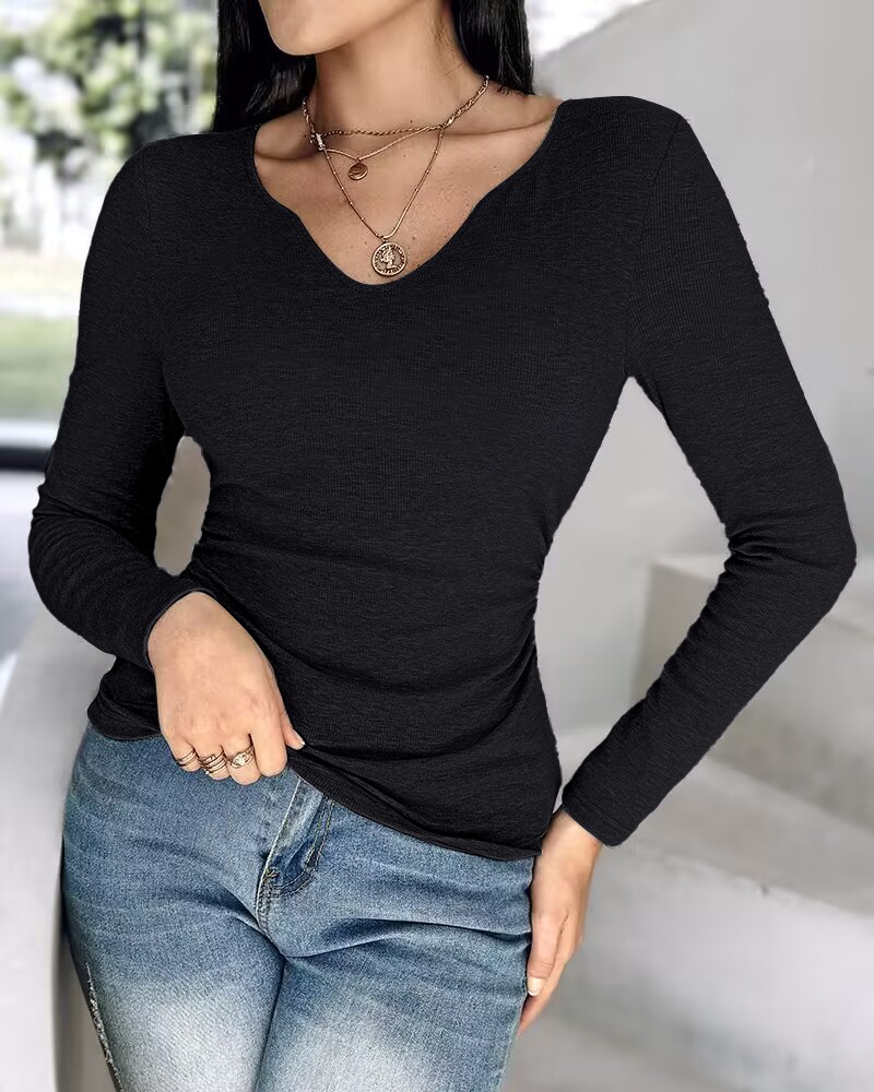 Built-in Self Bra Notch Neck Long Sleeve Shirts Rib-Knit Ruched Waist Top