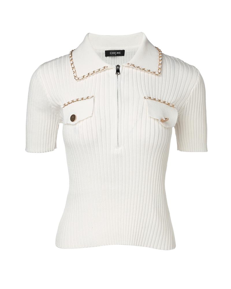 Chain Decor Zipper Design Tweed Knit Top