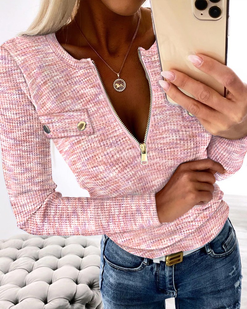 Crewneck Long Sleeve Ribbed Top Half Zipper Design Casual Pullover Tops