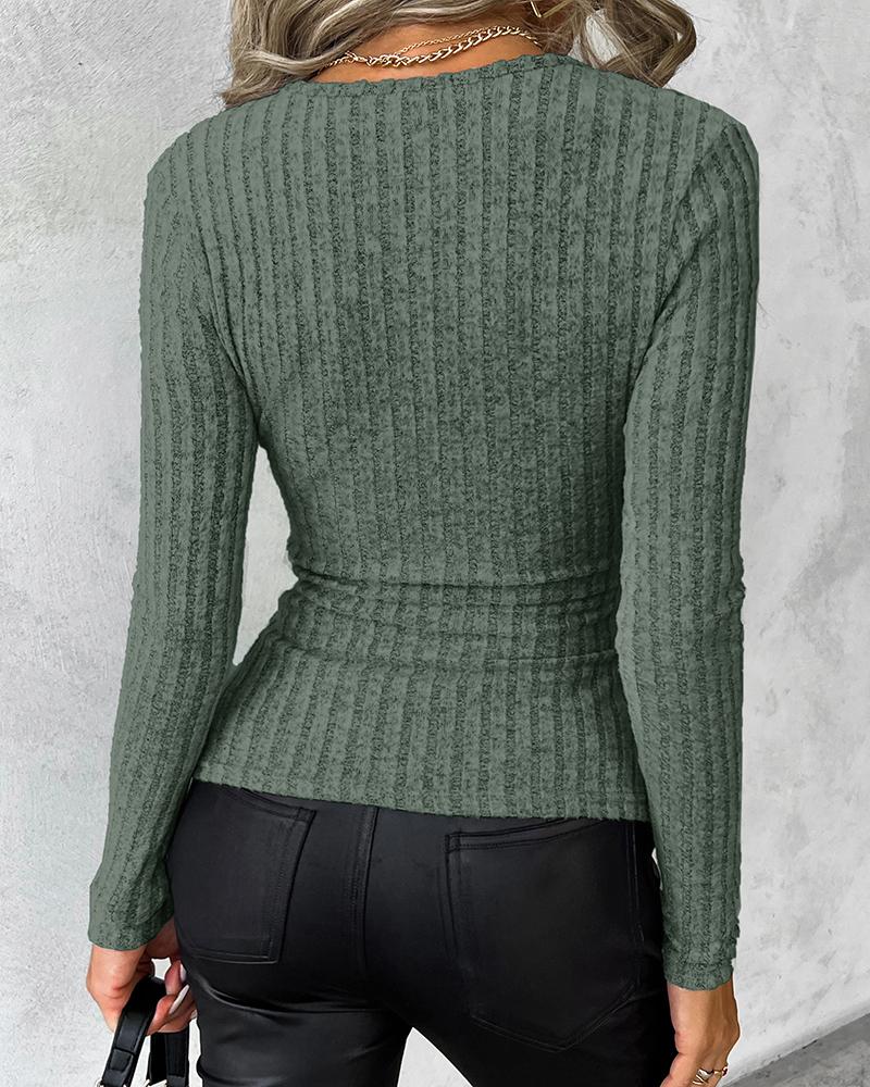 Deep V-Neck Ruched Side Button Decor Ribbed Top