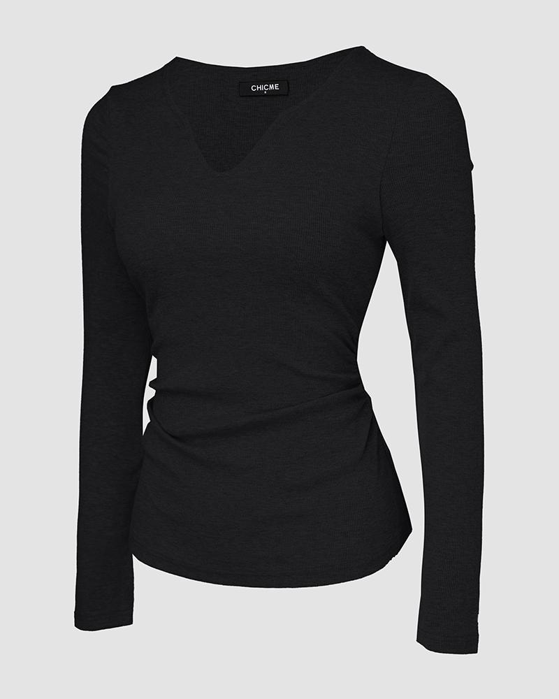 Built-in Self Bra Notch Neck Long Sleeve Shirts Rib-Knit Ruched Waist Top