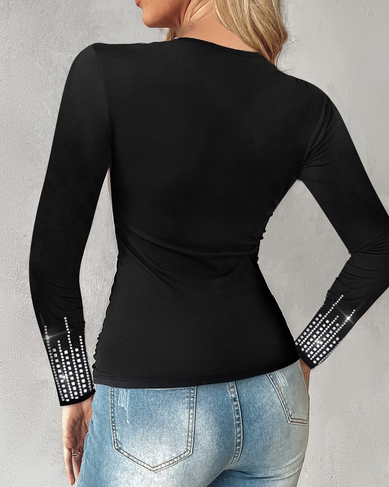 Rhinestone Decor Ruched V-Neck Top