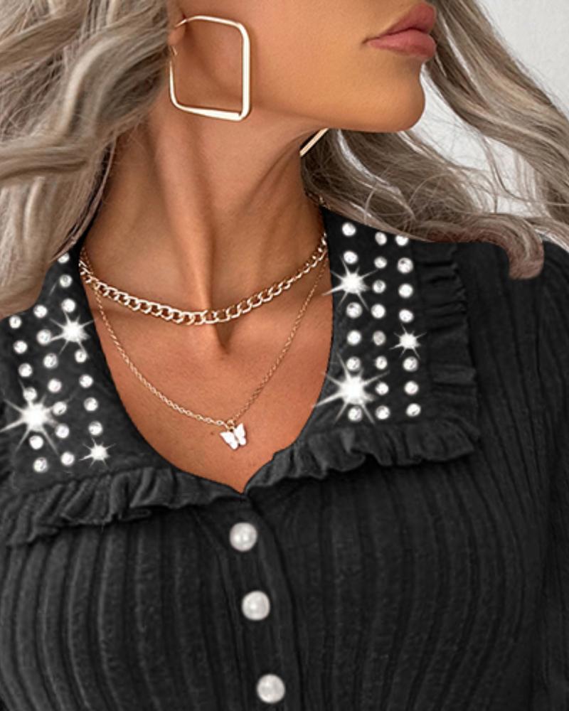 Turn-down Collar Frill Hem Rhinestone Decor Ribbed Top
