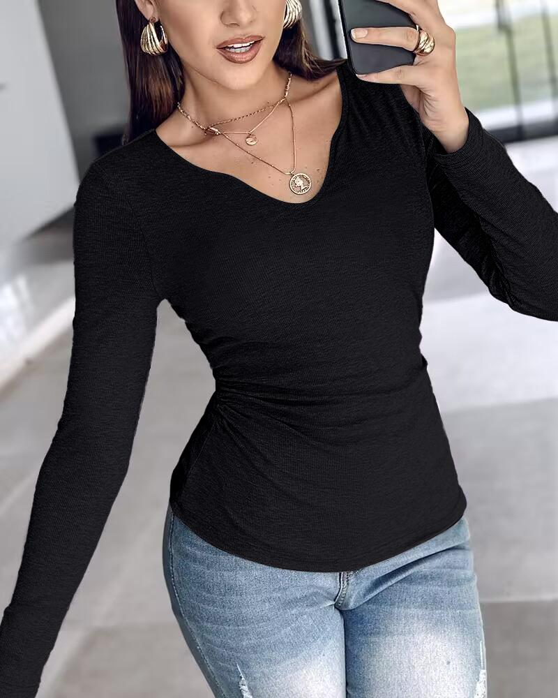 Built-in Self Bra Notch Neck Long Sleeve Shirts Rib-Knit Ruched Waist Top