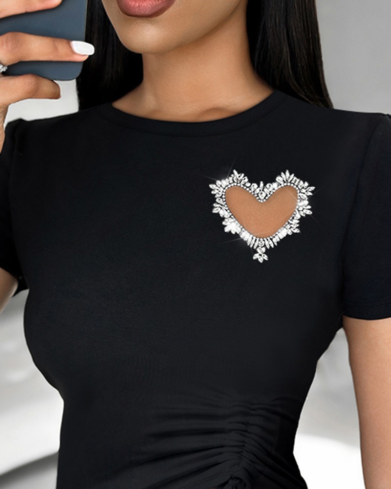 Rhinestone Hollow Heart Drawstring T-Shirt