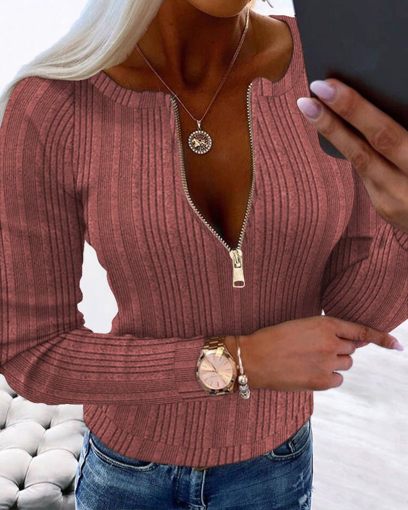 Crewneck Long Sleeve Ribbed Top Half Zipper Design Casual Pullover Tops