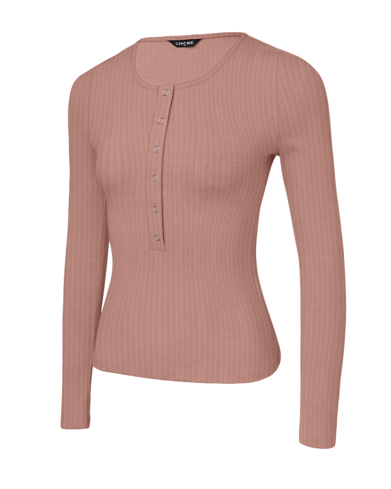 Long Sleeve Top Button Down Slim Fit Tops Crewneck Ribbed Knit Shirt