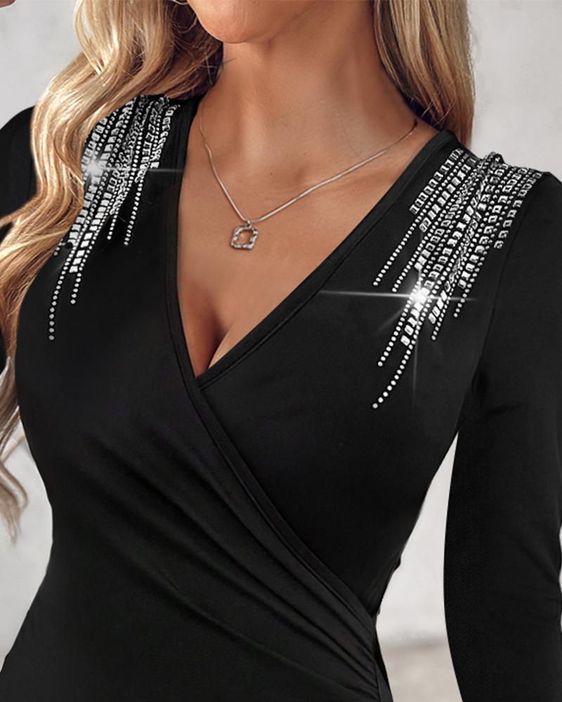 Rhinestone Decor Ruched V-Neck Top