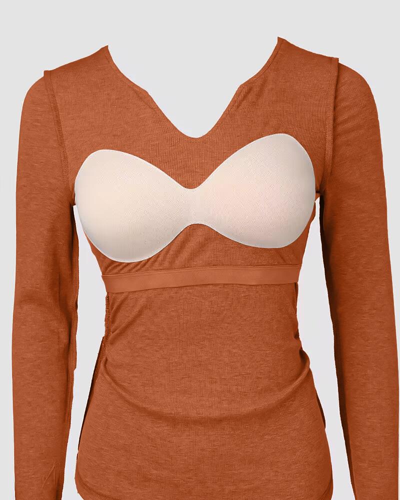 Built-in Self Bra Notch Neck Long Sleeve Shirts Rib-Knit Ruched Waist Top