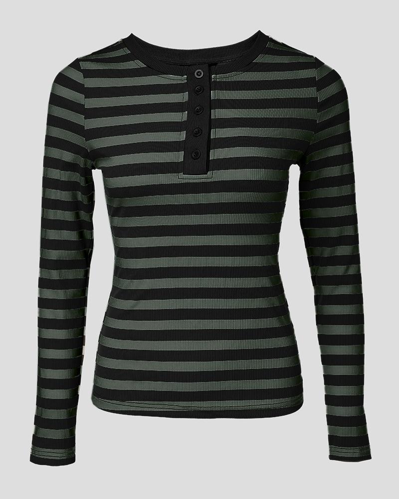 Striped Long Sleeve Crewneck Tops Button Front Ribbed Slim Fit Casual Basic Tees Tops