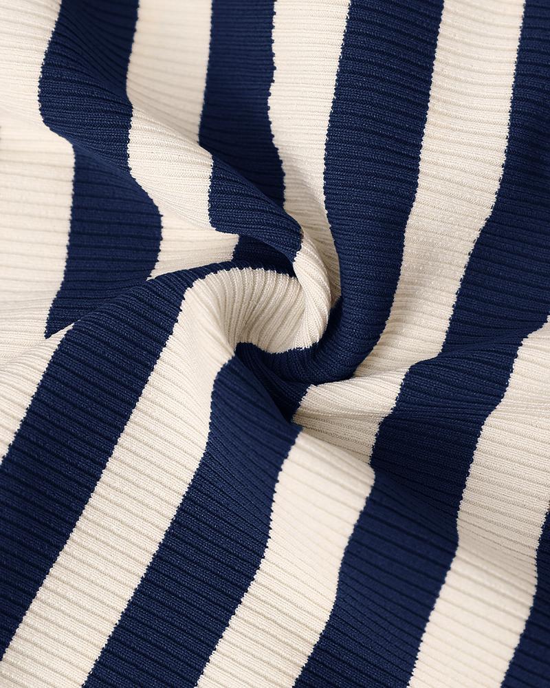 Striped Long Sleeve Crewneck Tops Button Front Ribbed Slim Fit Casual Basic Tees Tops