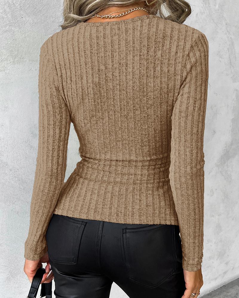 Deep V-Neck Ruched Side Button Decor Ribbed Top